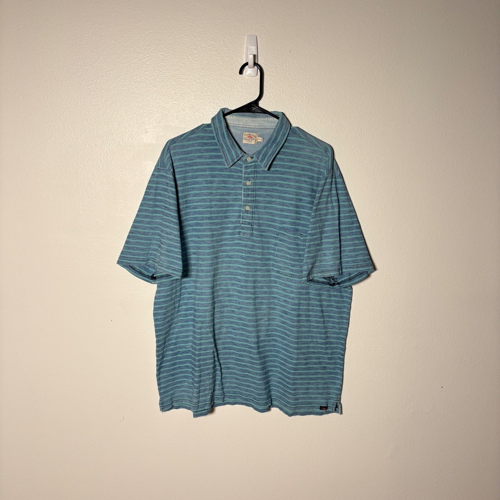 Faherty Brand Mens XXL Polo Shirt Blue Teal Striped Short Sleeve Slub Pocket